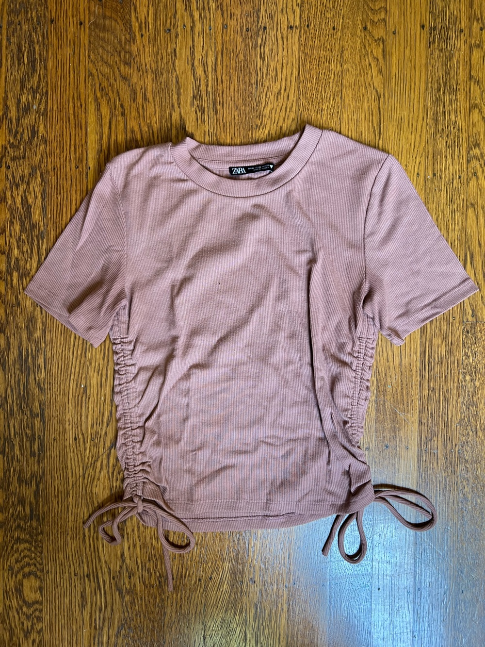 Zara Rose-Toned Ruched Side Tie Short Sleeve Top